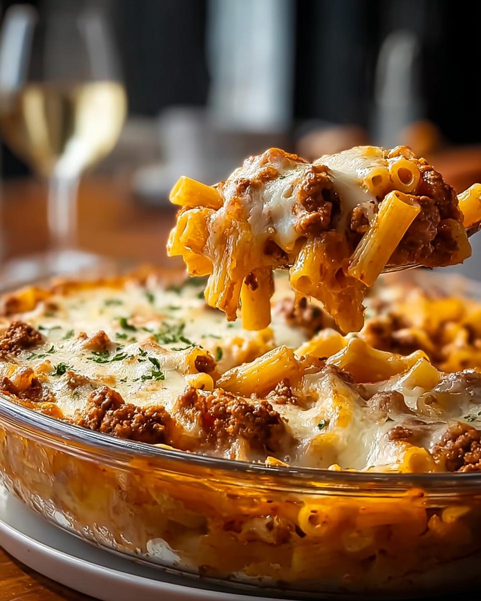 Eine Gabel voll Cremige Hackfleisch-Nudelpfanne mit geschmolzenem Käse wird aus einer Auflaufform gehoben.