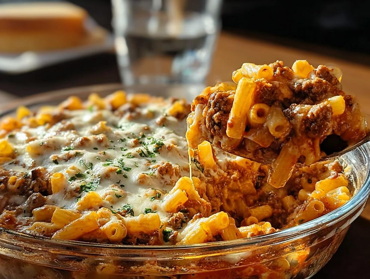 Ein Löffel voller Cremige Hackfleisch-Nudelpfanne wird aus einer Glasschüssel gehoben, bedeckt mit geschmolzenem Käse.