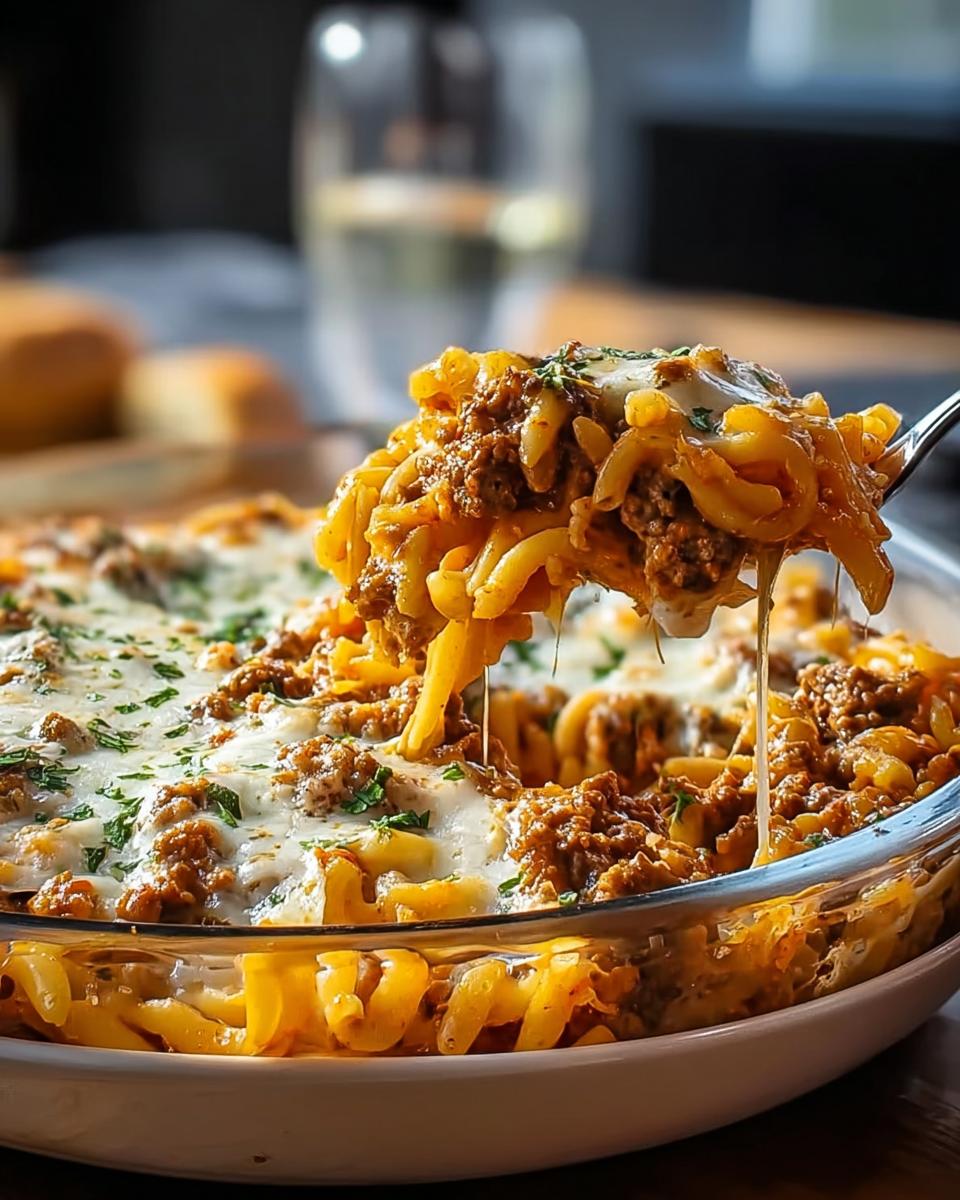 Ein Löffel voller Cremige Hackfleisch-Nudelpfanne mit langgezogenem, geschmolzenem Käse aus einer Glasschüssel.