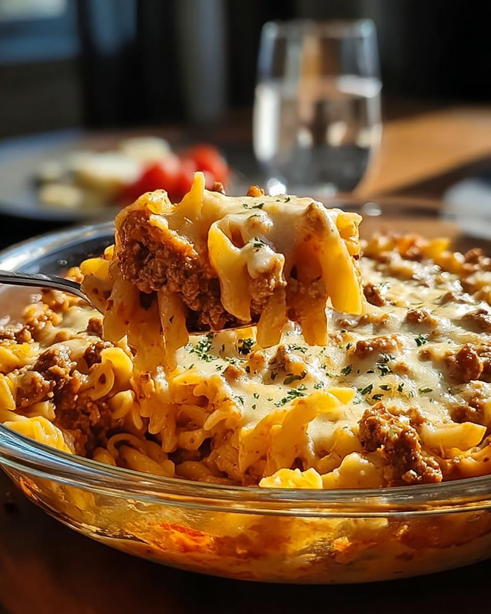 Ein Löffel voller cremiger Hackfleisch-Nudelpfanne mit geschmolzenem Käse, der aus einer Glasschüssel gehoben wird.