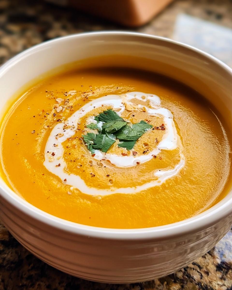 Nahaufnahme einer leuchtend orangefarbenen Cremige Karotten-Ingwer-Suppe, garniert mit einem Wirbel Sahne und frischen Kräutern.