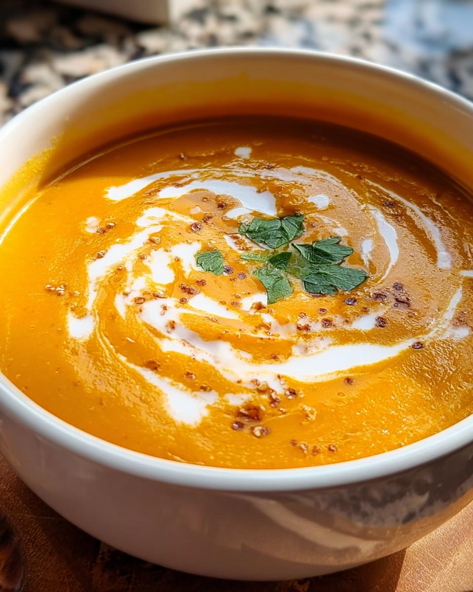 Nahaufnahme einer Schüssel mit Cremige Karotten-Ingwer-Suppe, verziert mit einem Wirbel aus Sahne und Petersilie.