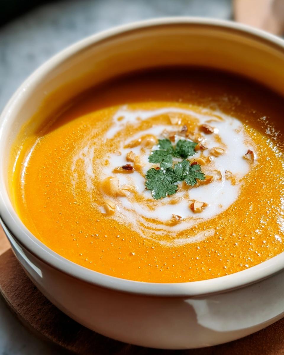 Nahaufnahme einer leuchtend orangefarbenen Cremige Karotten-Ingwer-Suppe mit einem Wirbel aus Sahne und gehackten Nüssen.