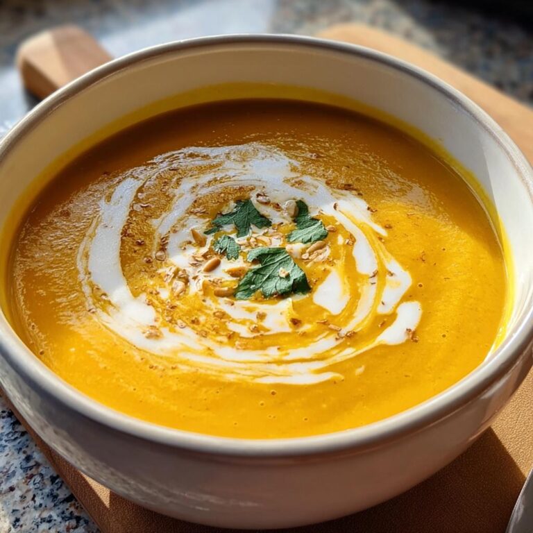 Nahaufnahme einer leuchtend orangefarbenen Cremige Karotten-Ingwer-Suppe, verziert mit einem Wirbel aus Sahne und Petersilie.