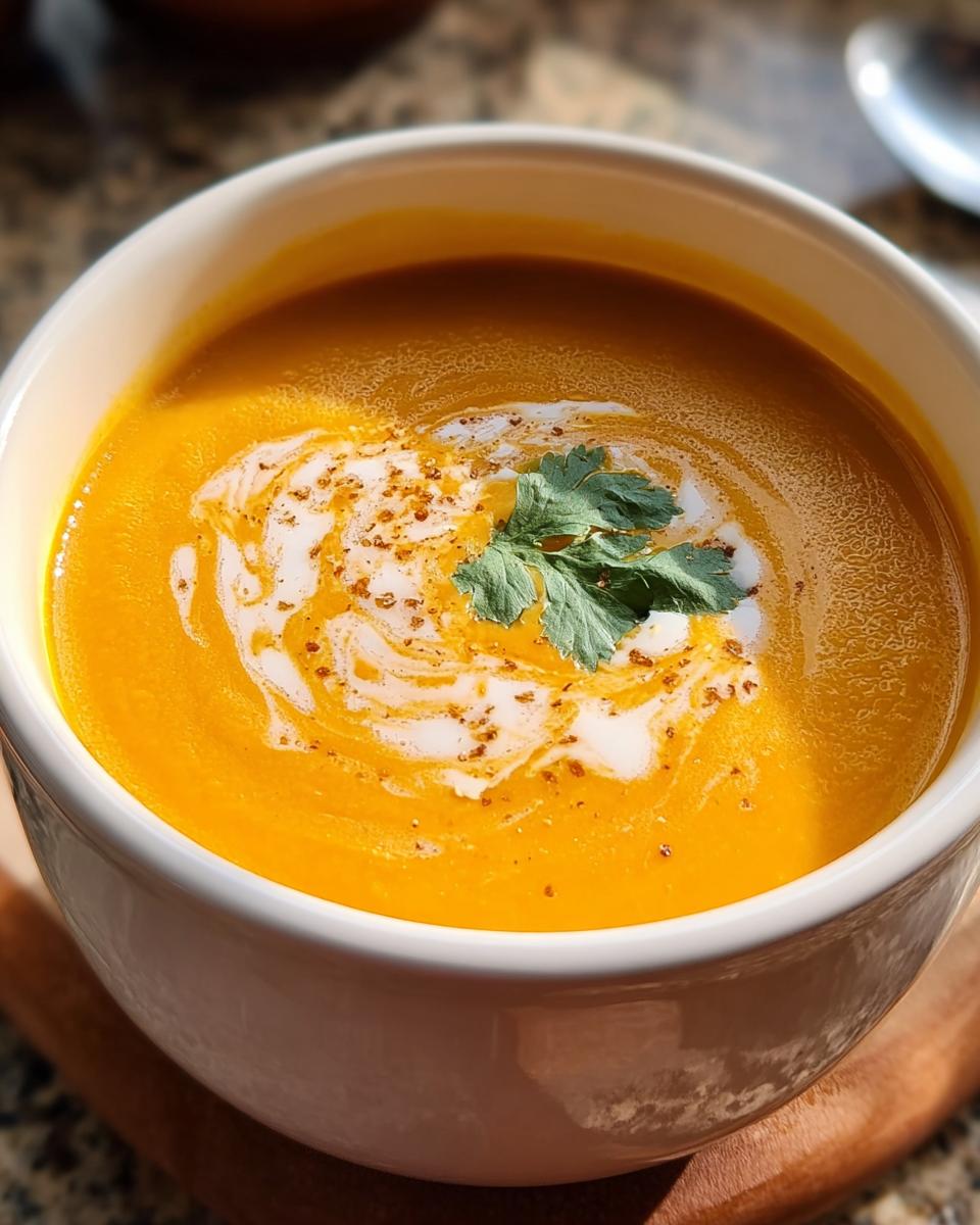 Eine Schale mit leuchtend oranger Cremige Karotten-Ingwer-Suppe, garniert mit einem Klecks Sahne und Petersilie.