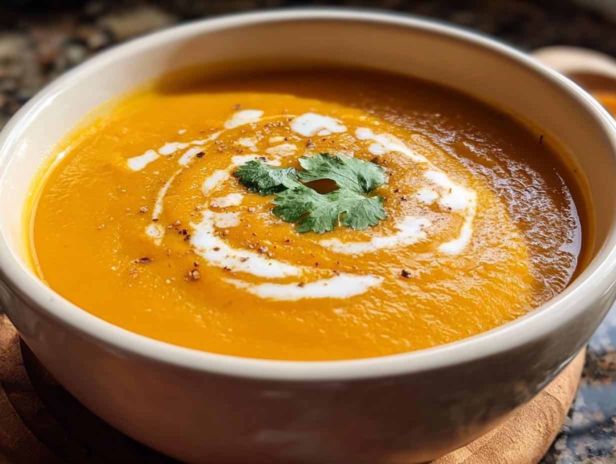 Nahaufnahme einer Schale mit Cremige Karotten-Ingwer-Suppe, verziert mit einem Sahnewirbel und frischer Koriander.