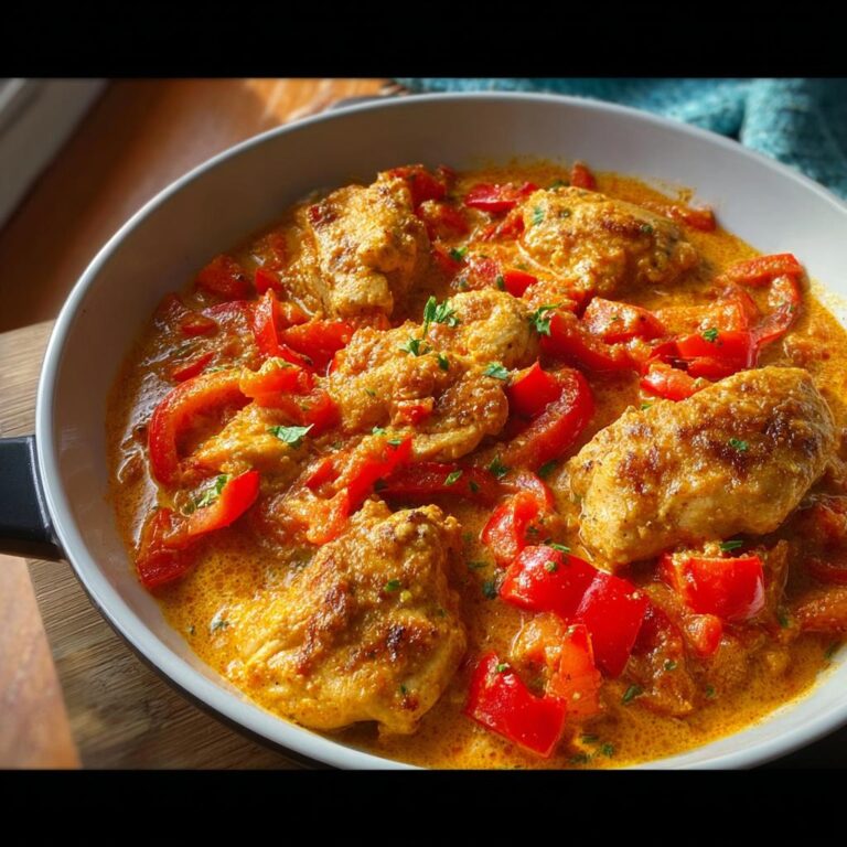 Fertige Cremige Paprika-Sahne-Hähnchenpfanne mit saftigen Hähnchenstücken und roten Paprikastreifen in cremiger Sauce.