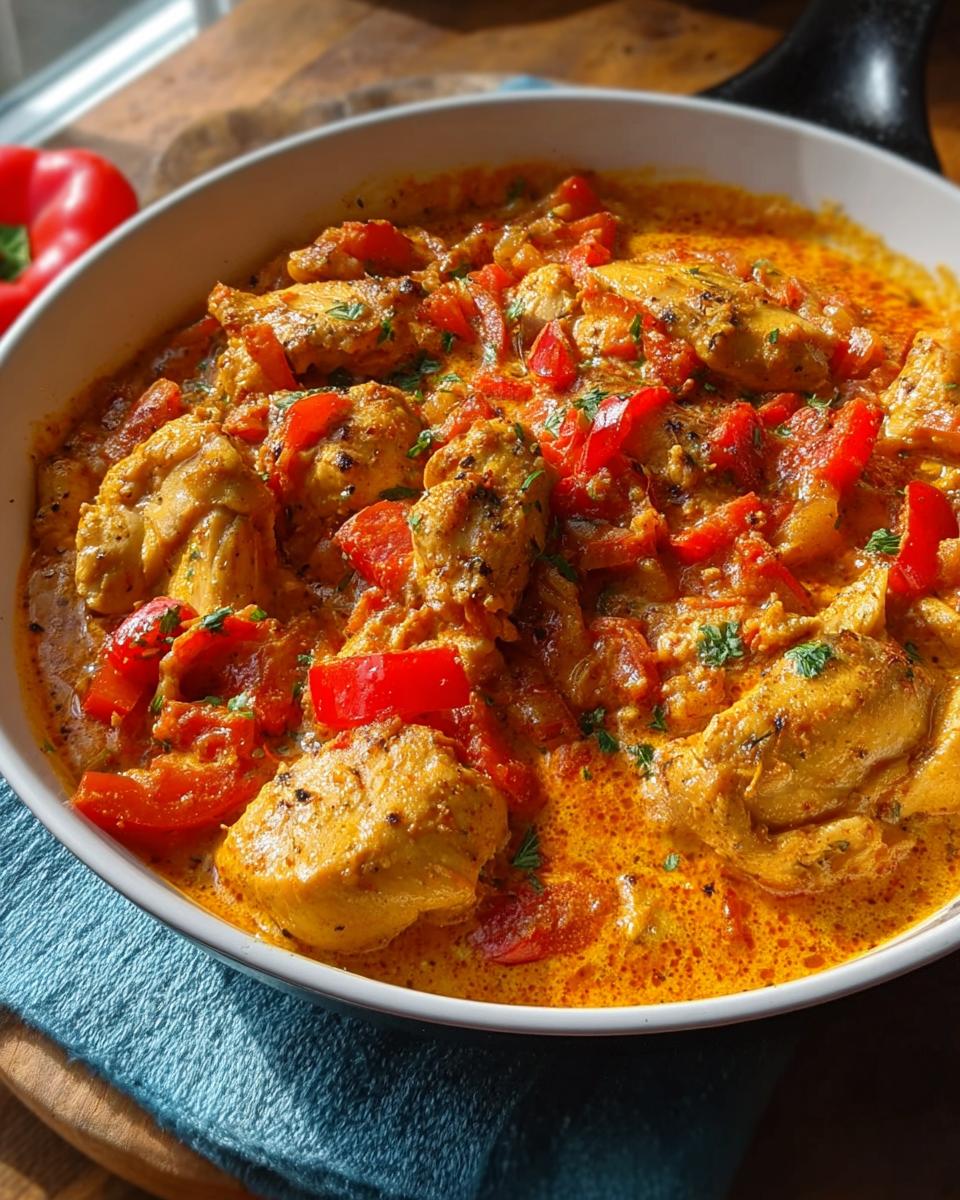 Nahaufnahme der fertigen Cremige Paprika-Sahne-Hähnchenpfanne in einer weißen Schüssel mit viel oranger Sauce und roten Paprikastücken.