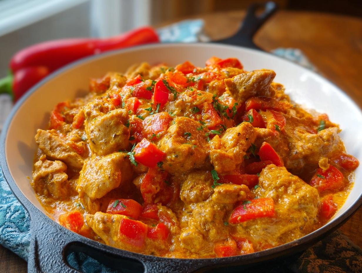 Nahaufnahme einer Cremige Paprika-Sahne-Hähnchenpfanne mit saftigen Hähnchenstücken und roten Paprika in cremiger Sauce.