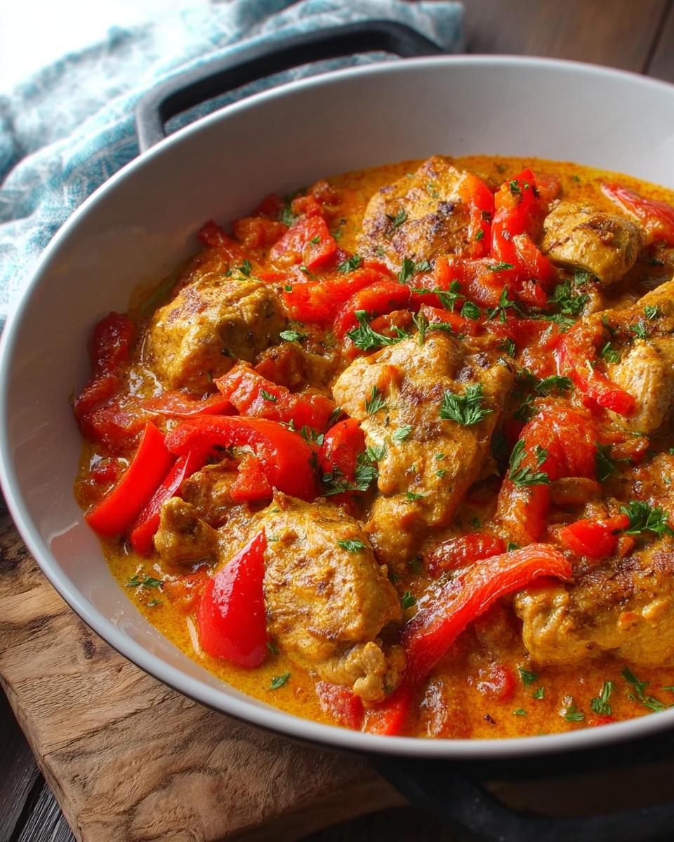 Nahaufnahme der Cremige Paprika-Sahne-Hähnchenpfanne mit saftigen Hähnchenstücken und roten Paprikastreifen in cremiger Soße.