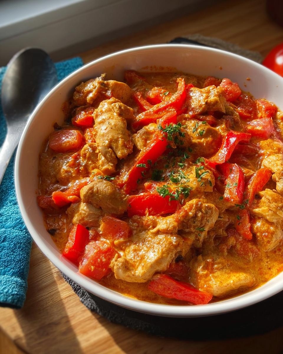 Nahaufnahme einer Cremige Paprika-Sahne-Hähnchenpfanne mit Hähnchenstücken und roten Paprika in cremiger Sauce.