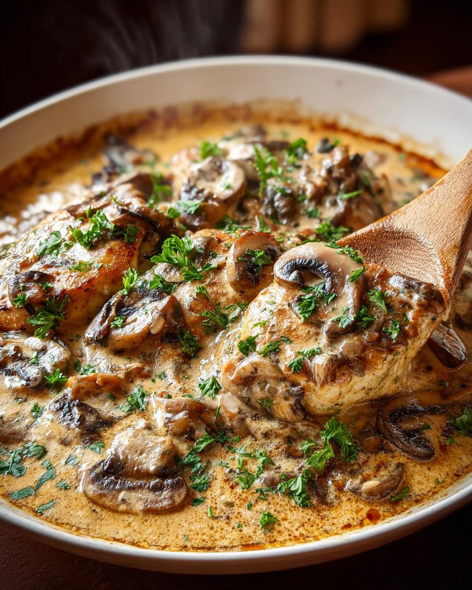 Eine Holzkelle hebt ein Stück Fleisch bedeckt mit cremiger Pilzpfanne mit Semmelknödeln und frischer Petersilie hervor.