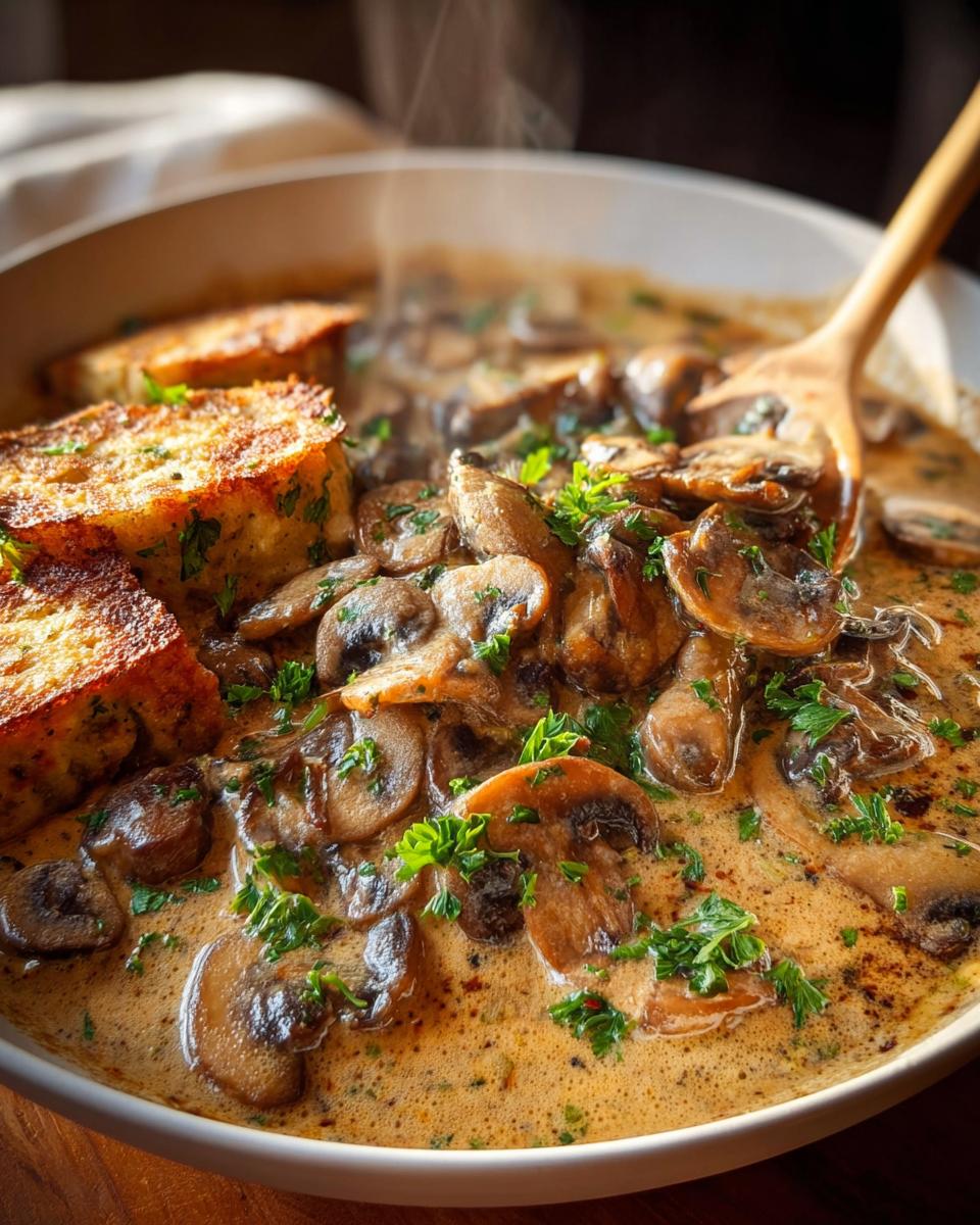 Dampfende Cremige Pilzpfanne mit Semmelknödeln, garniert mit Petersilie in einer weißen Pfanne.