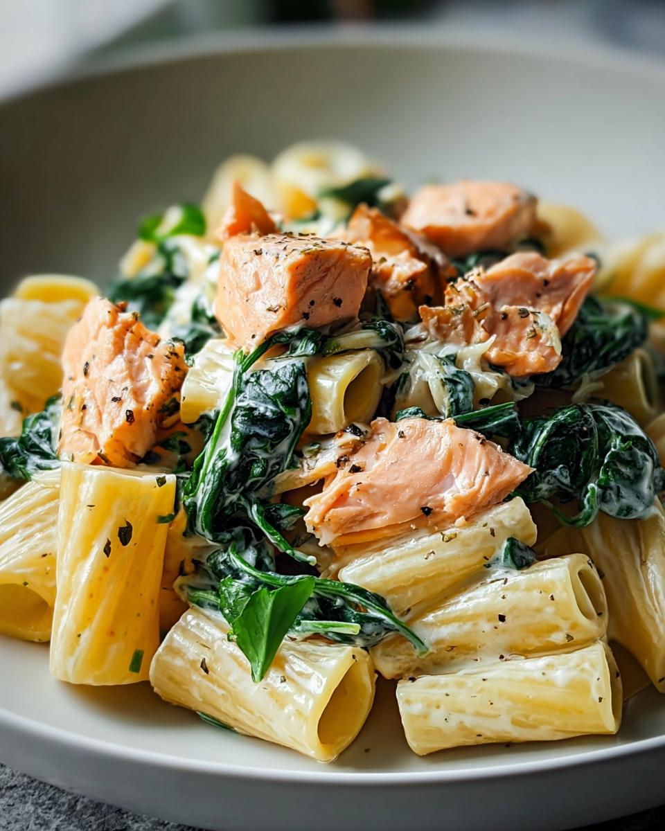 Nahaufnahme von Cremige Spinat-Lachs-Pasta mit großen Rigatoni-Nudeln, cremigem Spinat und Lachsstücken.