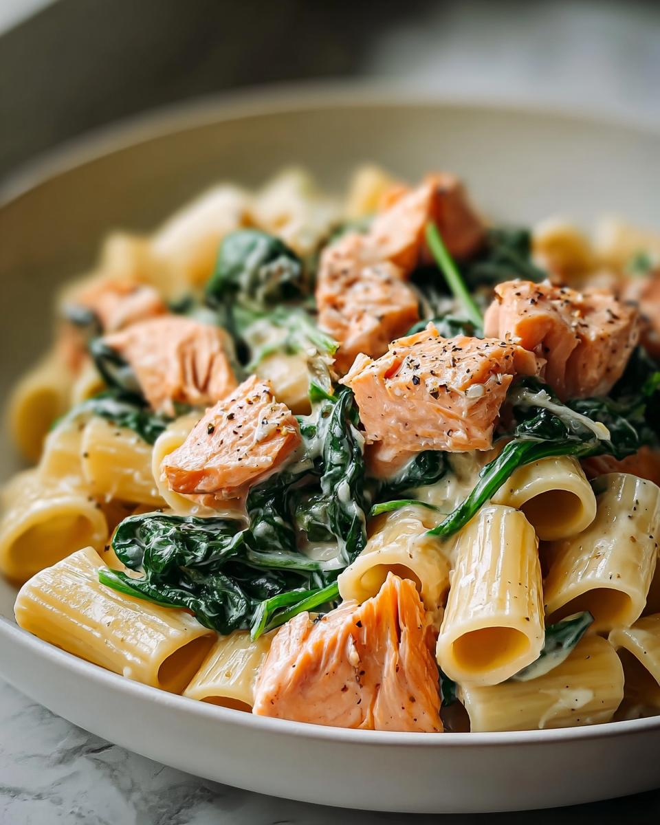 Eine Nahaufnahme einer Schüssel mit Cremige Spinat-Lachs-Pasta, bestehend aus Rigatoni, cremigem Spinat und Stücken von rosa Lachs.