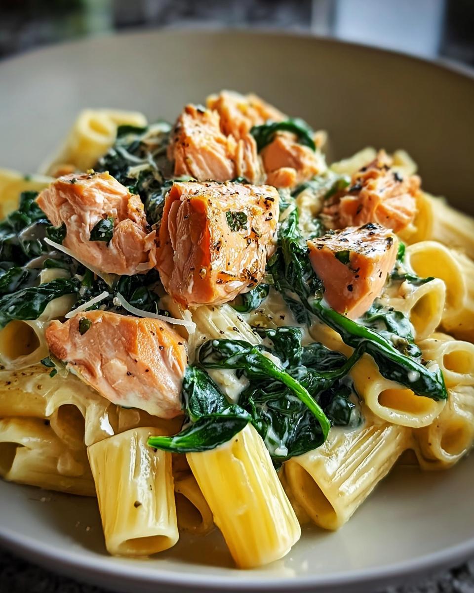 Nahaufnahme von Cremige Spinat-Lachs-Pasta mit großen Röhrennudeln, cremigem Spinat und Lachsstücken.