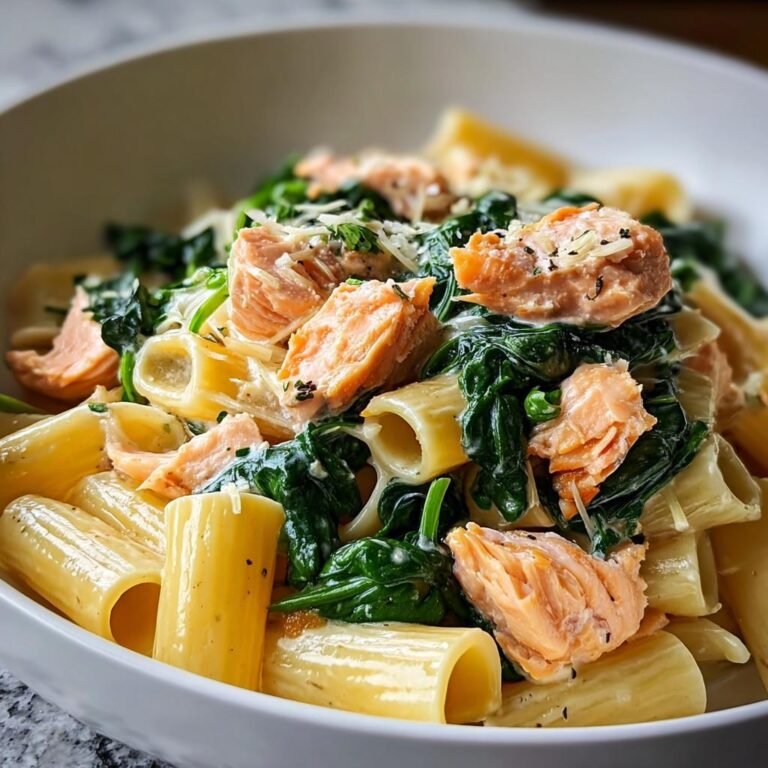 Nahaufnahme einer Cremige Spinat-Lachs-Pasta mit großen Nudeln, Lachsflocken und Spinat in einer weißen Schüssel.
