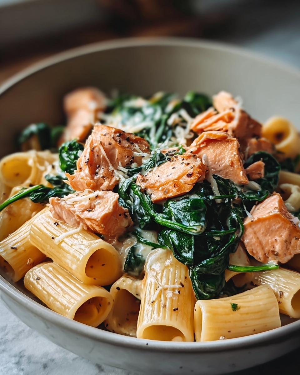 Nahaufnahme einer Schüssel Cremige Spinat-Lachs-Pasta mit großen Rigatoni-Nudeln, Lachsfiletstücken und dunklem Spinat.
