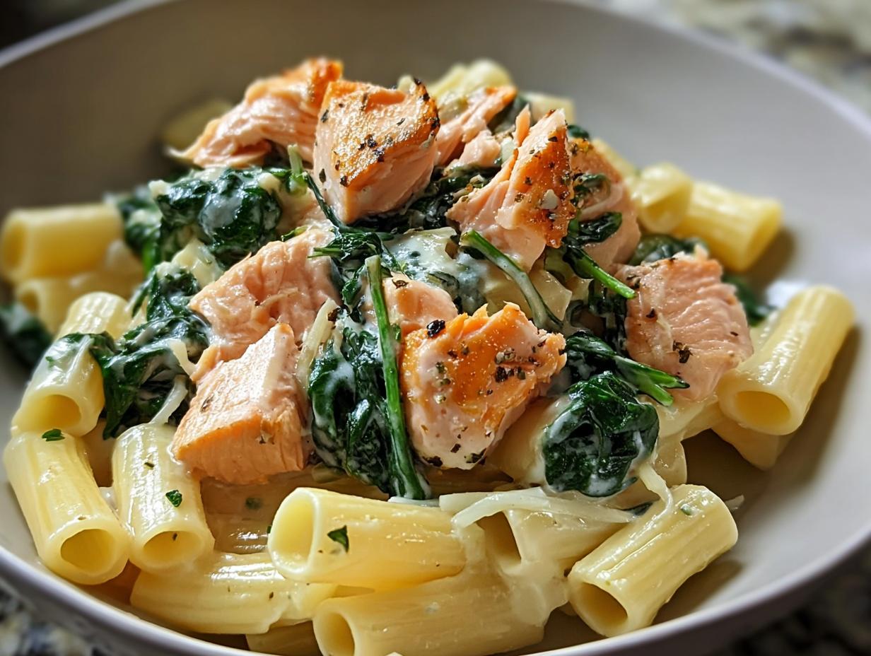 Nahaufnahme von Cremige Spinat-Lachs-Pasta mit Stücken von gebratenem Lachs und dunklem Spinat in einer cremigen Soße.
