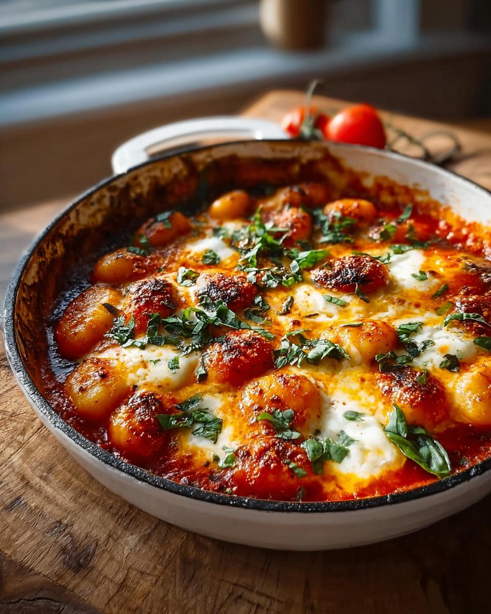 Überbackene Cremige Tomaten-Mozzarella-Gnocchi mit geschmolzenem Käse und frischen Kräutern in einer weißen Pfanne.