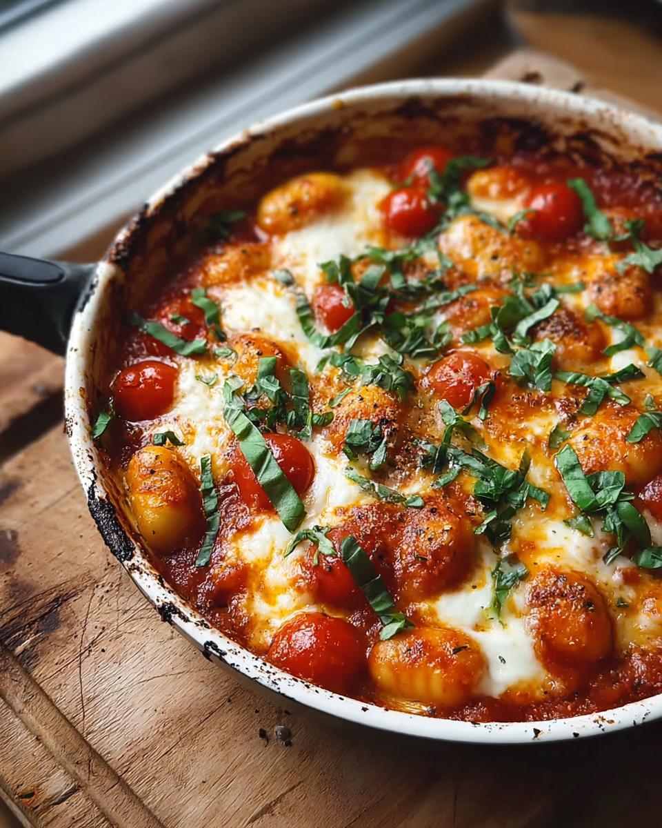 Überbackene Cremige Tomaten-Mozzarella-Gnocchi mit geschmolzenem Käse und frischem Basilikum in einer Auflaufform.
