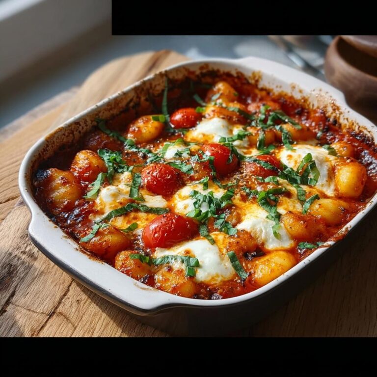 Überbackene Cremige Tomaten-Mozzarella-Gnocchi mit Kirschtomaten und frischem Basilikum in einer Auflaufform.