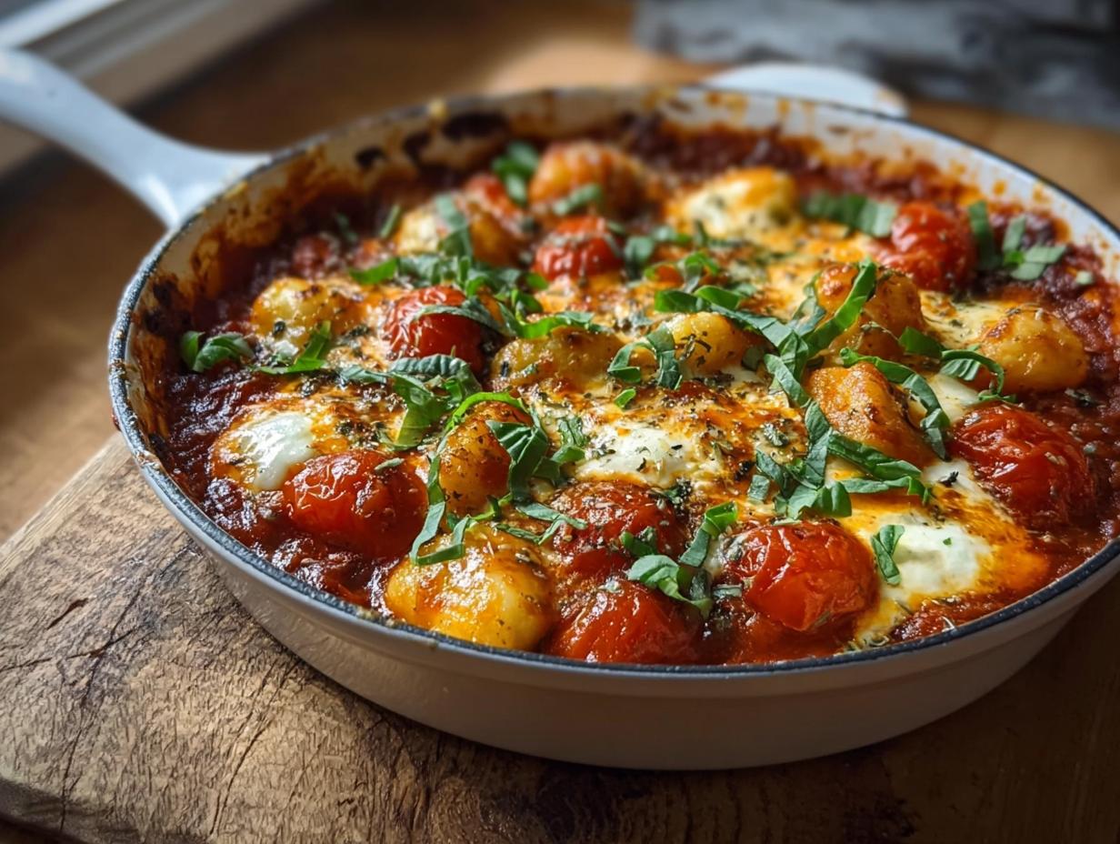 Überbackene Cremige Tomaten-Mozzarella-Gnocchi mit geschmolzenem Käse und frischem Basilikum in einer weißen Pfanne.