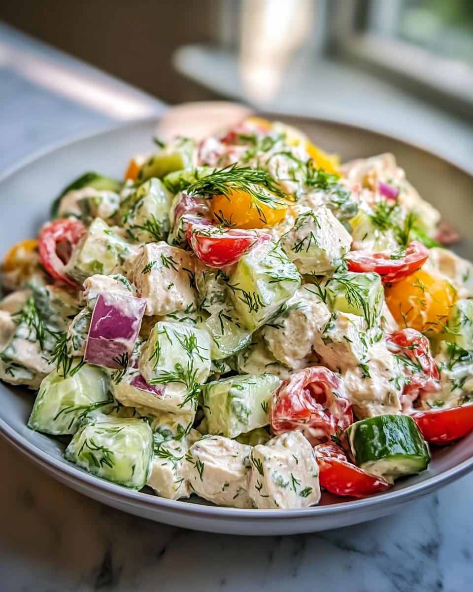 Nahaufnahme eines cremigen Gurkensalats mit Hähnchenstücken, Tomaten und viel frischem Dill, ideal als Beilage zum Hähnchen-Schnitzel mit Gurkensalat.