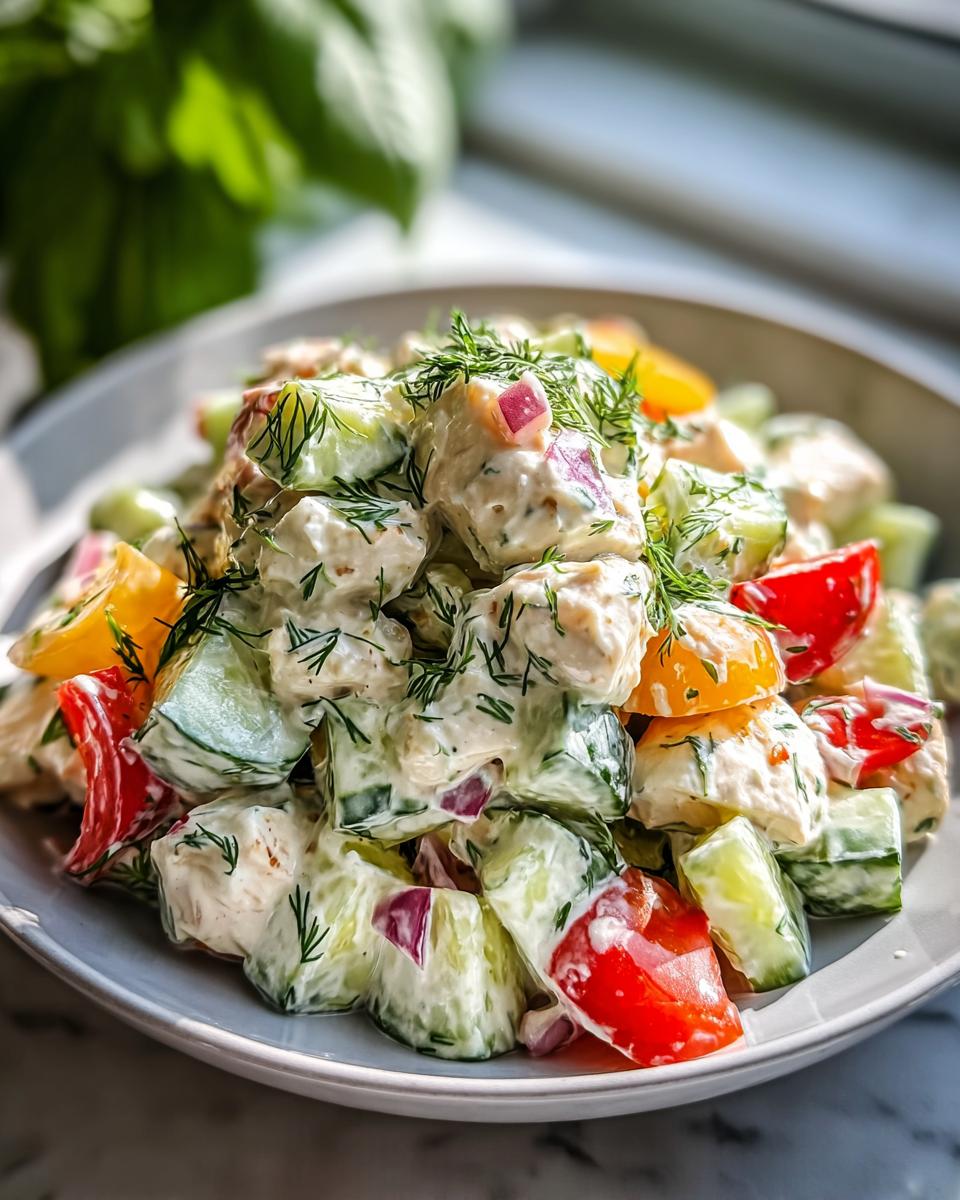 Nahaufnahme eines cremigen Gurkensalats mit Hähnchenstücken, garniert mit Dill, ideal für Hähnchen-Schnitzel mit Gurkensalat.