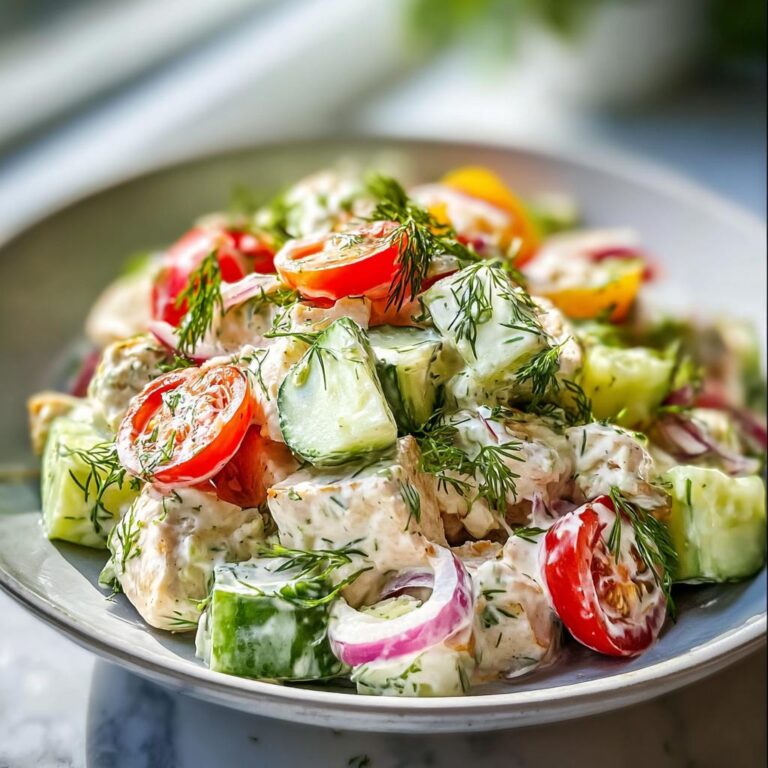 Nahaufnahme von cremigem Gurkensalat mit Tomaten und Dill, ideal als Beilage zum Hähnchen-Schnitzel mit Gurkensalat.