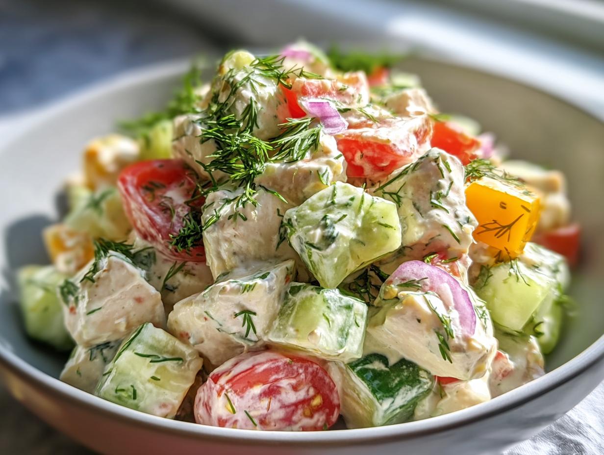 Nahaufnahme eines cremigen Gurkensalats mit gewürfelten Gurken, Tomaten, Zwiebeln und viel frischem Dill, ideal als Beilage zum Hähnchen-Schnitzel.