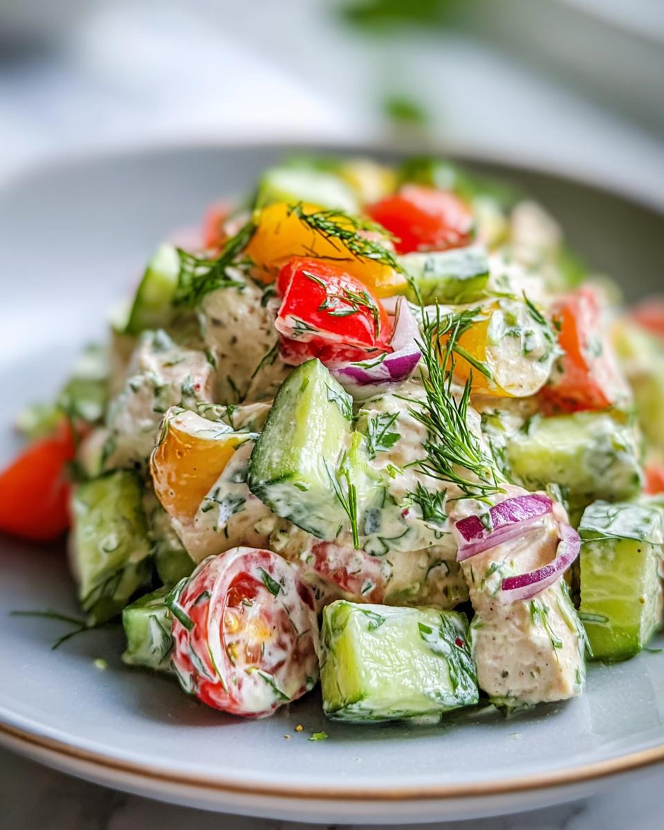 Nahaufnahme eines cremigen Gurkensalats mit Tomaten, Zwiebeln und viel frischem Dill, ideal als Beilage zum Hähnchen-Schnitzel mit Gurkensalat.