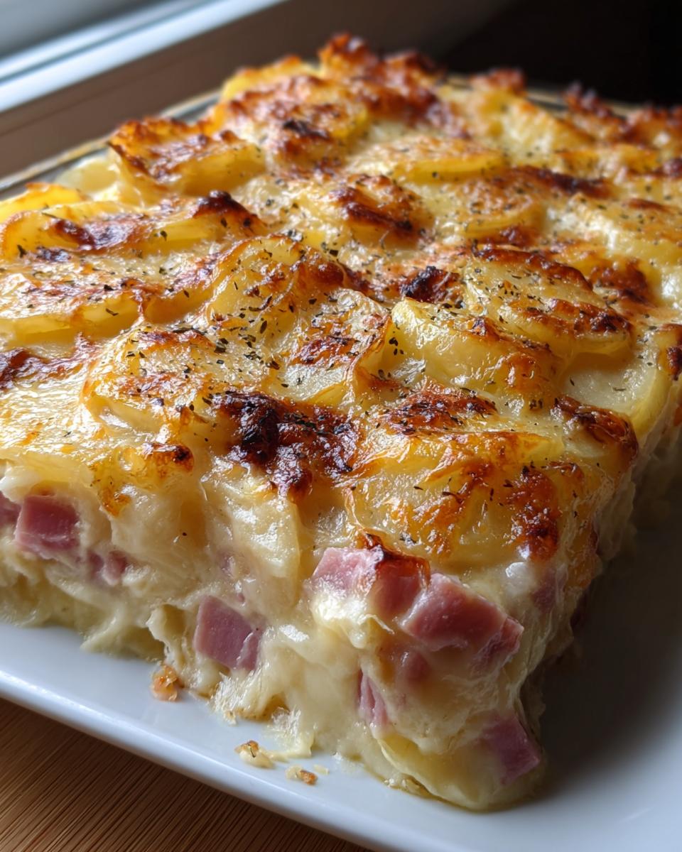 Schnittansicht eines Cremiges Kartoffelgratin mit Schinken & Käse mit goldbrauner Kruste.