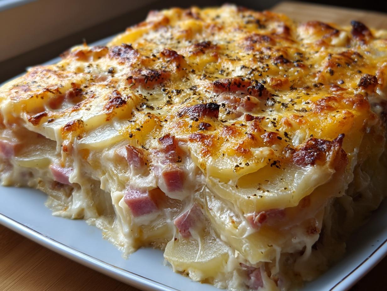 Nahaufnahme eines cremigen Kartoffelgratin mit Schinken und Käse mit goldbrauner Kruste.