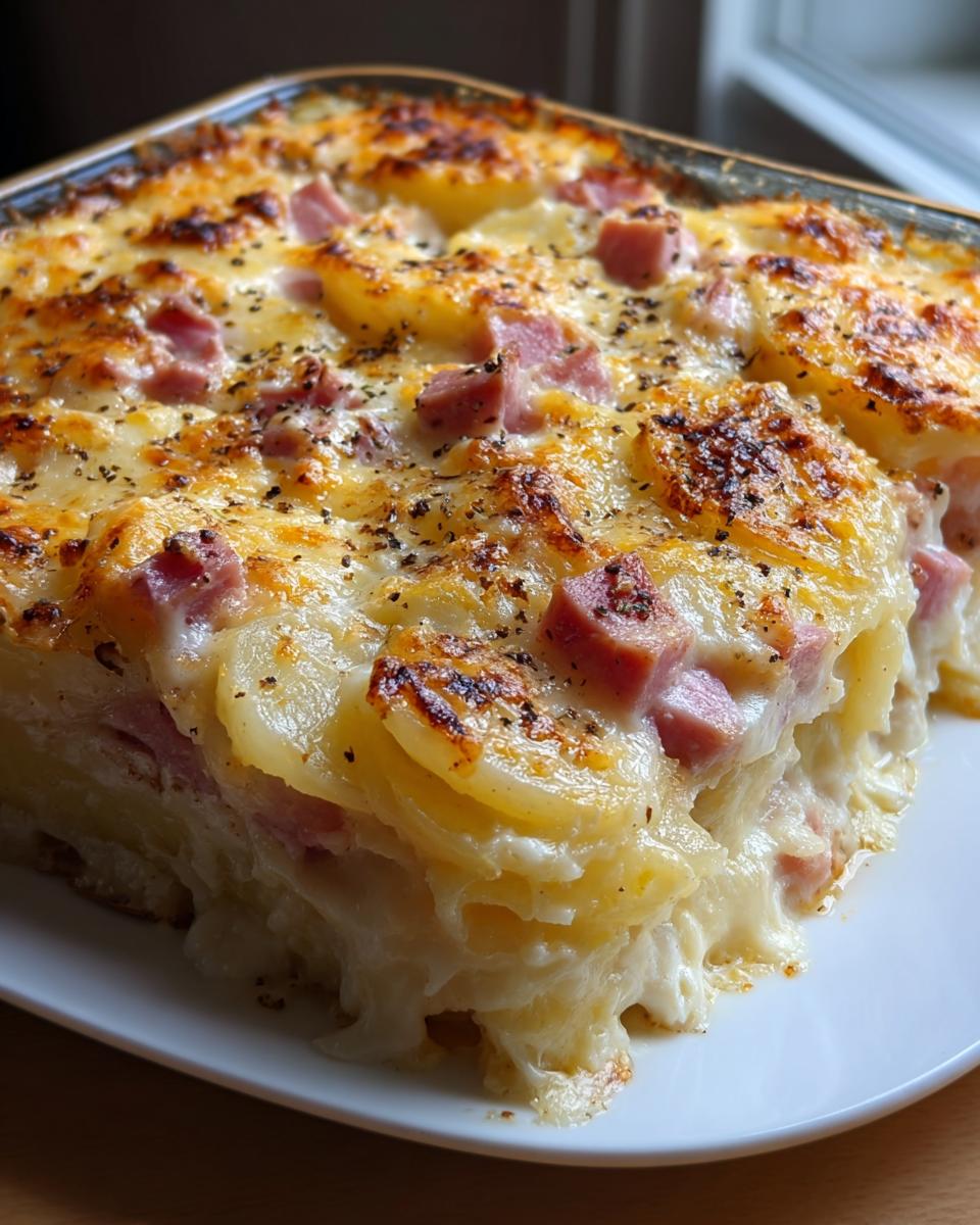 Nahaufnahme eines cremigen Kartoffelgratin mit Schinken und Käse, goldbraun überbacken.