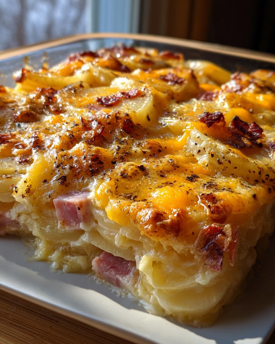 Ein angeschnittenes Stück Cremiges Kartoffelgratin mit Schinken & Käse mit goldbraun überbackener Käsekruste.