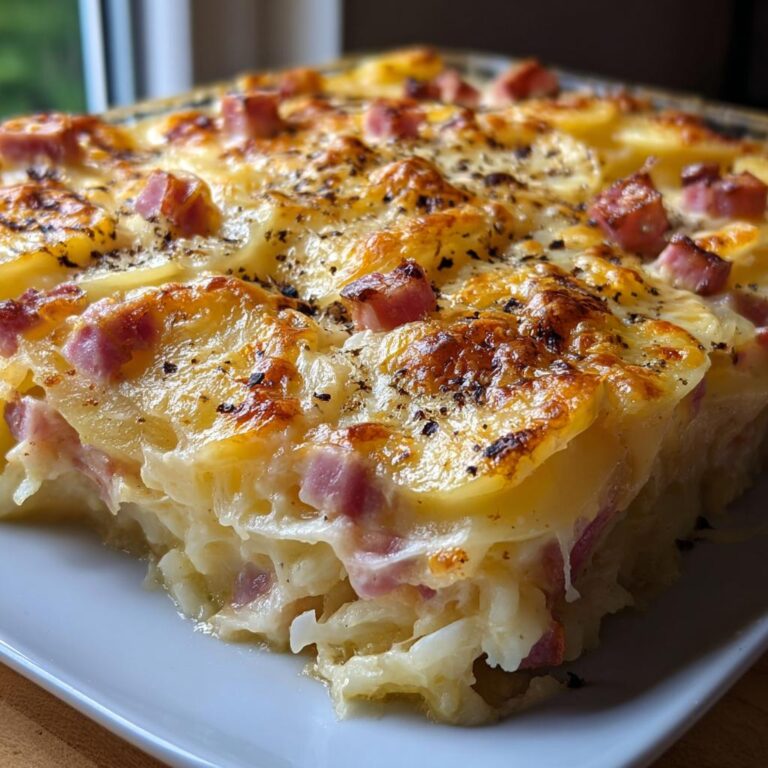 Anschnitt eines cremigen Kartoffelgratins mit Schinken und Käse, goldbraun überbacken.