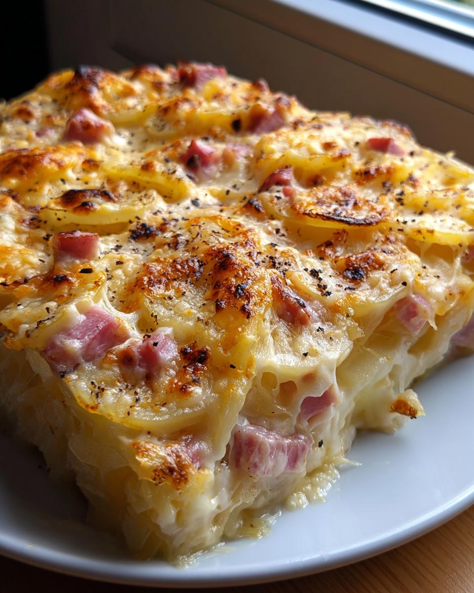 Nahaufnahme eines Stücks Cremiges Kartoffelgratin mit Schinken und Käse mit goldbrauner Kruste.