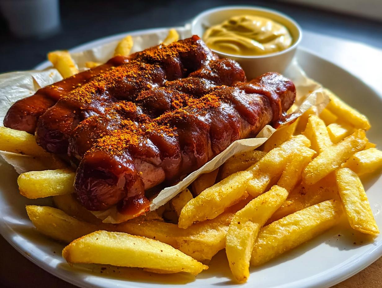 Zwei gebratene Würstchen bedeckt mit Currysoße und Currypulver, serviert auf Pommes Frites, als Currywurst aus dem Ofen mit Pommes.