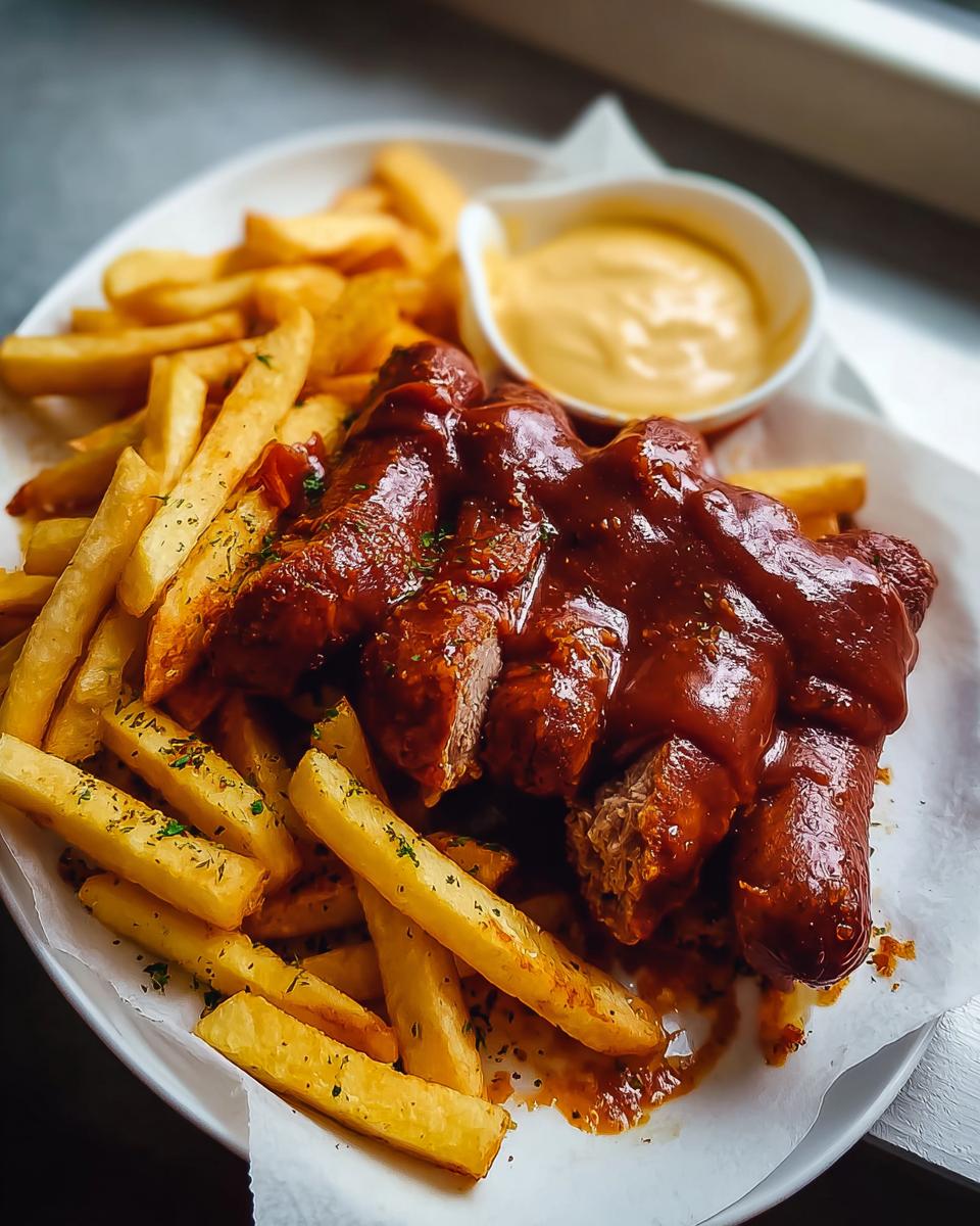 Teller mit Currywurst aus dem Ofen mit Pommes und einer Schale Currysauce.