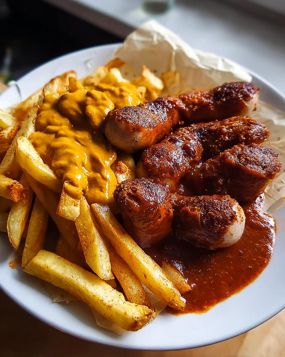 Gebackene Currywurst mit Pommes und zwei Saucen (Curry- und helle Sauce) auf einem Teller – Currywurst aus dem Ofen mit Pommes.
