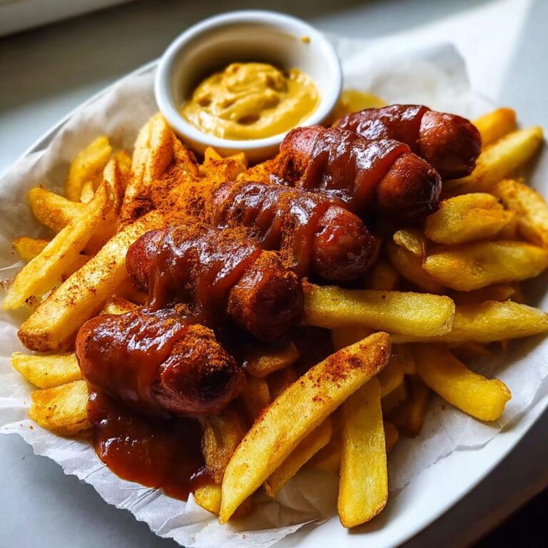 Gebackene Currywurst mit Pommes Frites, Currypulver und einem Dip, typisch für Currywurst aus dem Ofen mit Pommes.