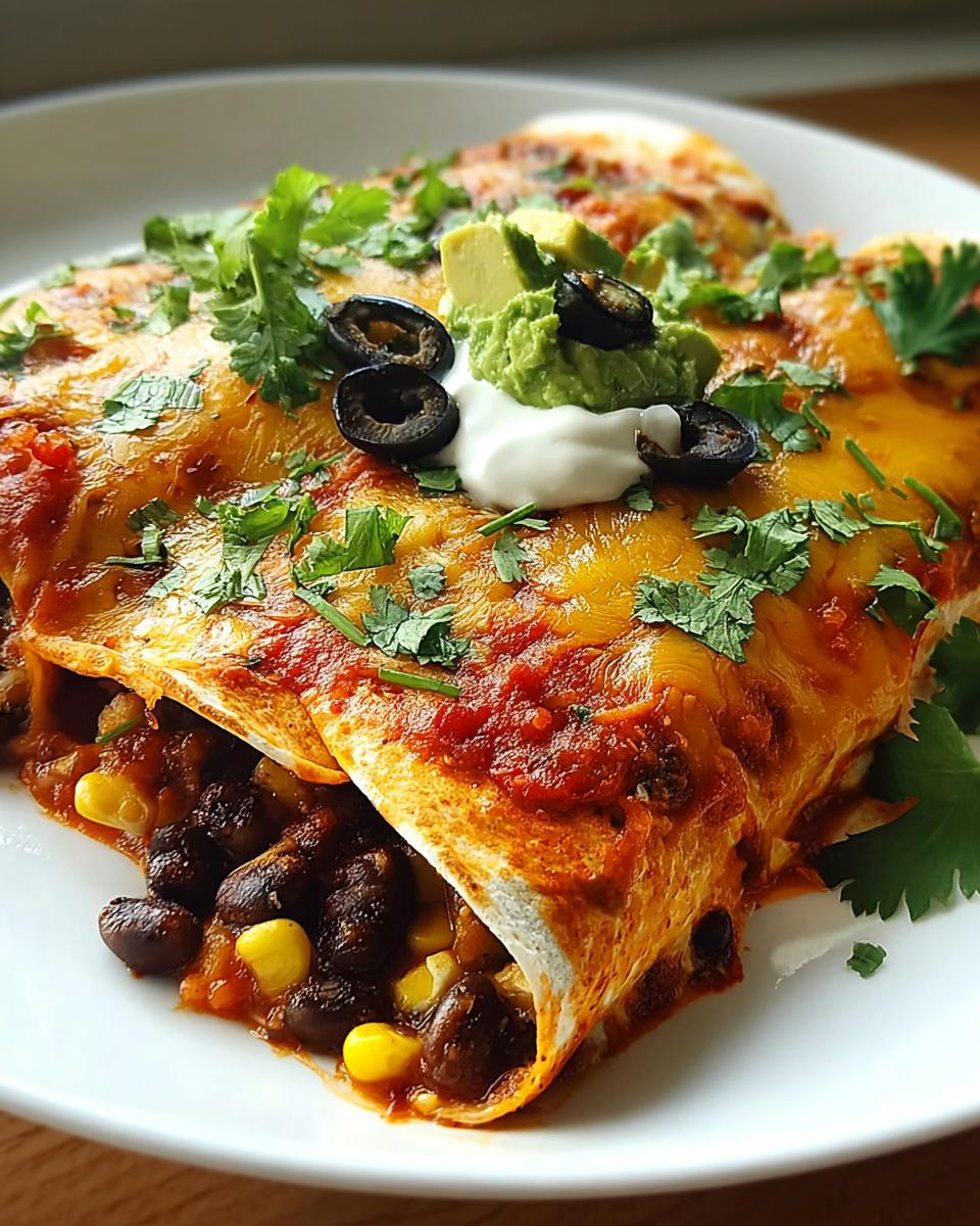 Nahaufnahme von Enchilada-Auflauf mit Bohnen, bedeckt mit geschmolzenem Käse, Salsa und Toppings.