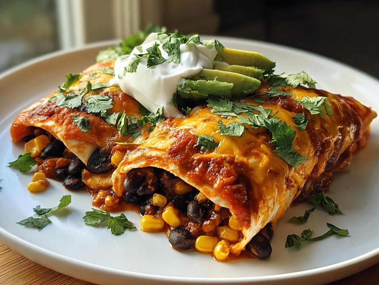 Zwei überbackene Enchiladas gefüllt mit schwarzen Bohnen und Mais, garniert mit saurer Sahne, Avocado und Koriander.