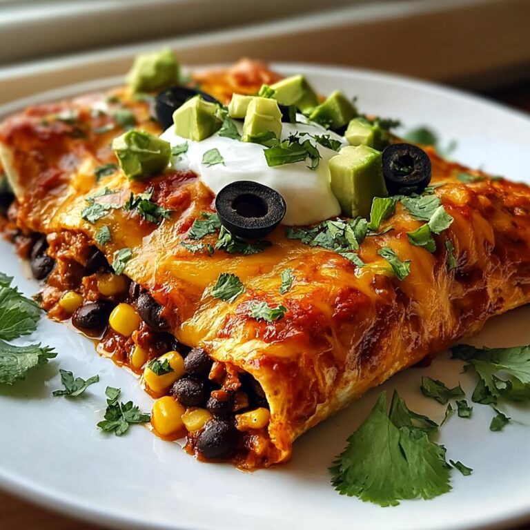 Nahaufnahme eines servierten Enchilada-Auflauf mit Bohnen, bedeckt mit Käse, Sauerrahm, Avocado und Oliven.
