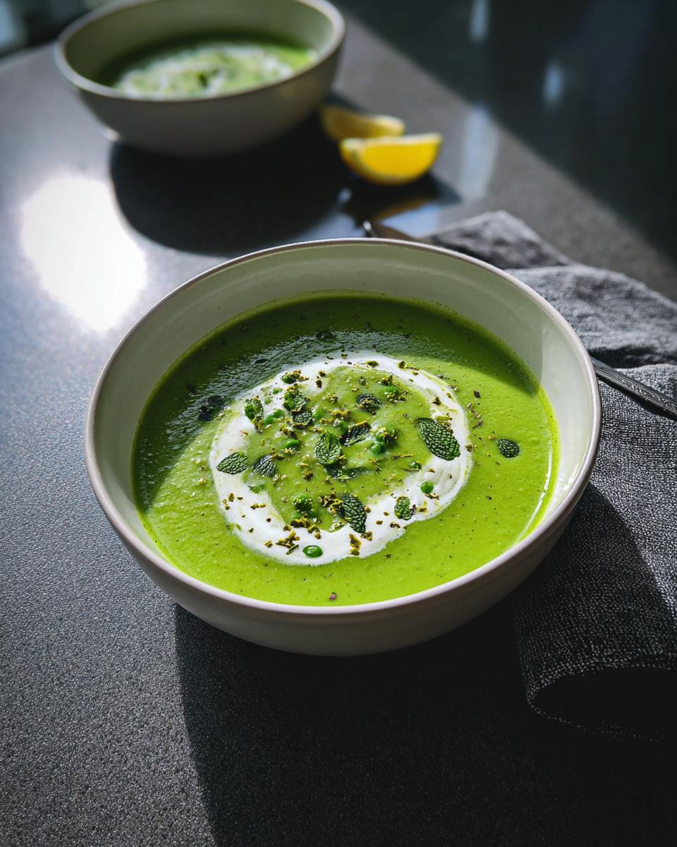 Nahaufnahme einer leuchtend grünen Erbsensuppe mit Minze, garniert mit einem Klecks weißer Creme und Minzblättern.