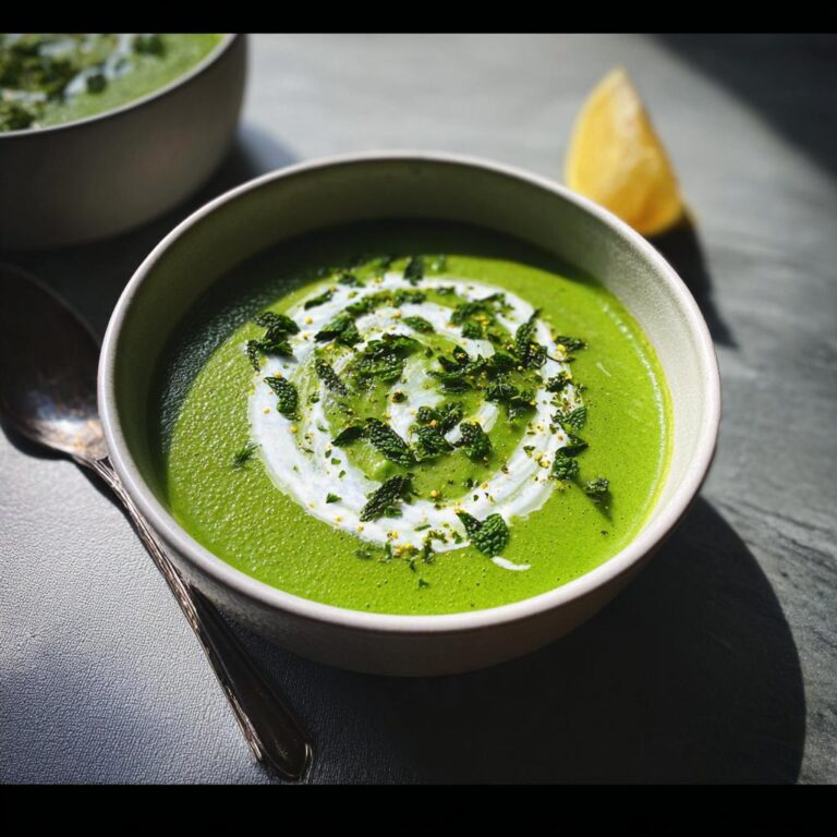 Nahaufnahme einer leuchtend grünen Erbsensuppe mit Minze, garniert mit einem Sahnewirbel.