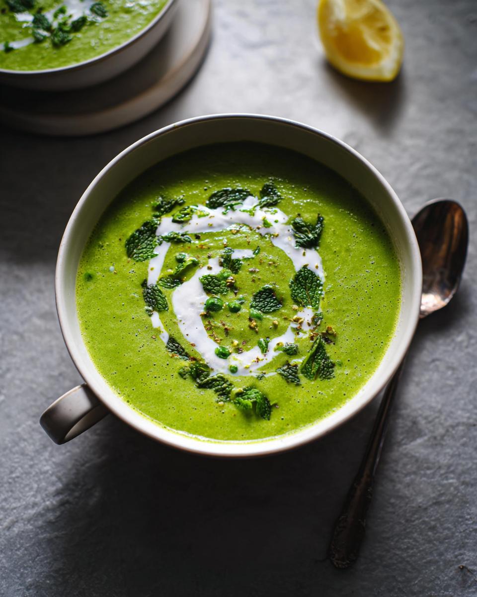 Eine Schale leuchtend grüner Erbsensuppe mit Minze, garniert mit einem Klecks Sahne und frischen Minzblättern.