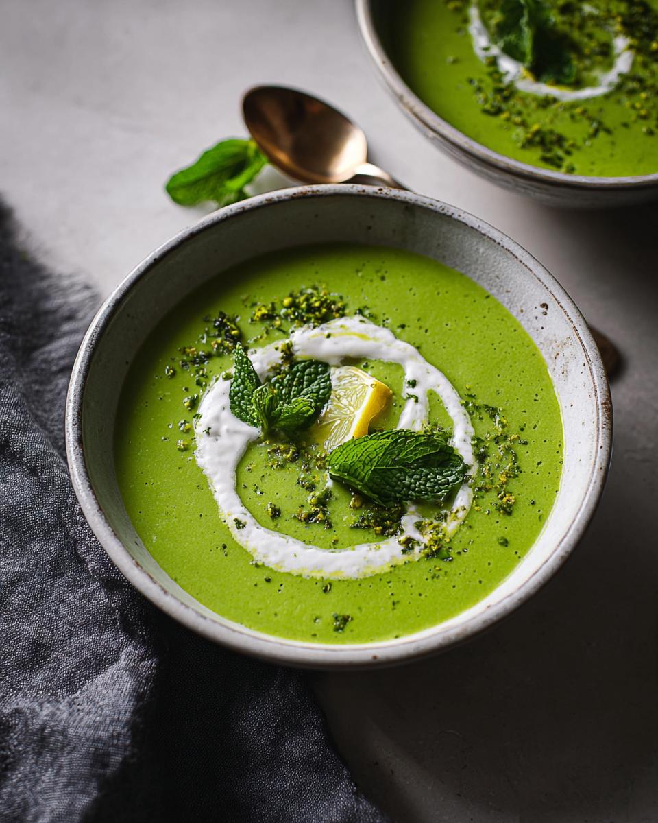 Nahaufnahme einer Schüssel mit leuchtend grüner Erbsensuppe mit Minze, garniert mit einem Klecks Sahne und frischer Minze.