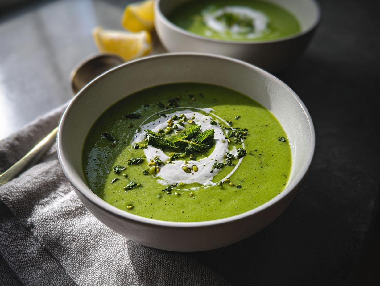 Nahaufnahme von leuchtend grüner Erbsensuppe mit Minze, garniert mit einem Klecks Sahne und Pistazien.